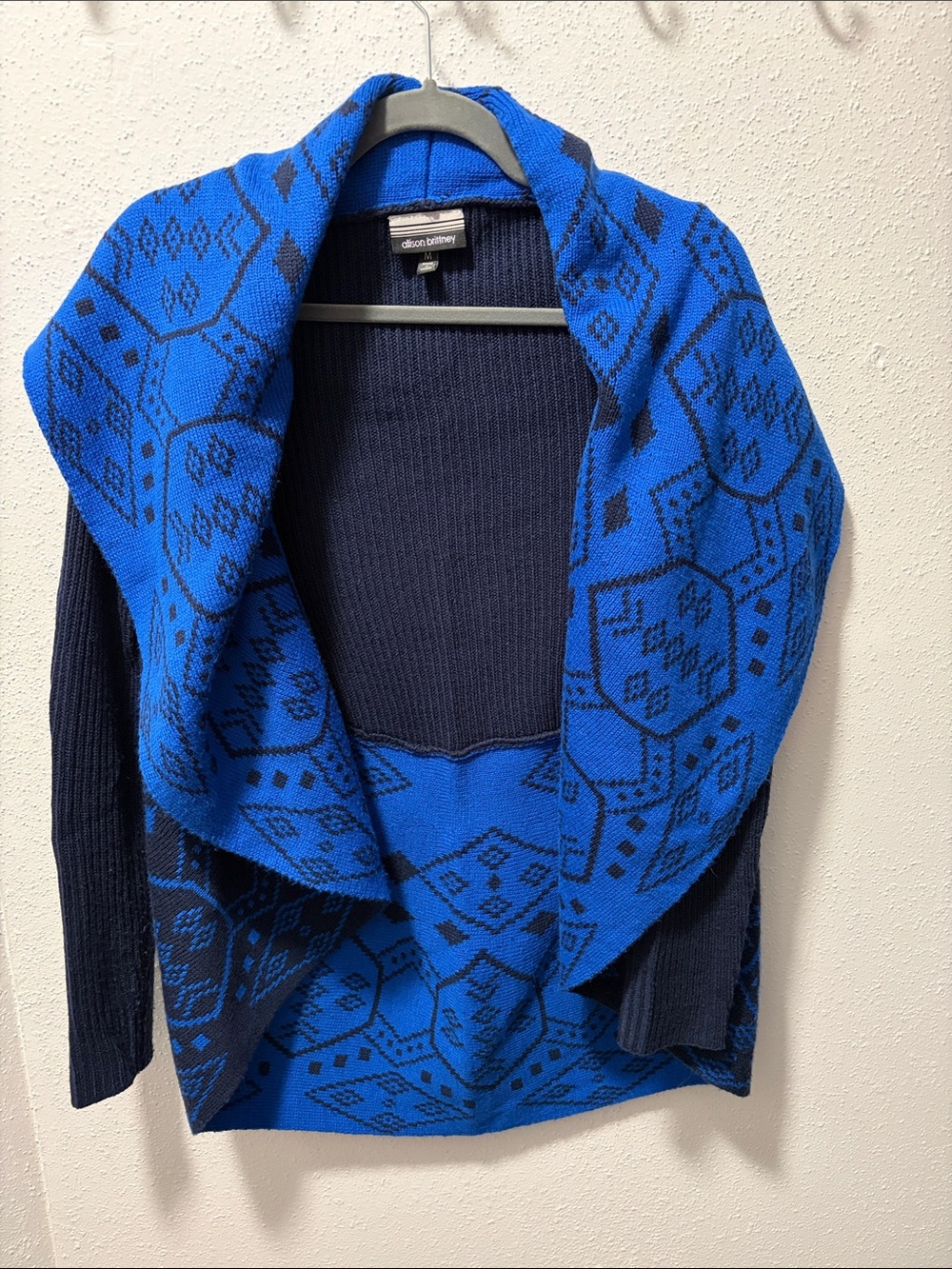 Allison Brittney Blue and Black Geometric Open Front Cardigan
